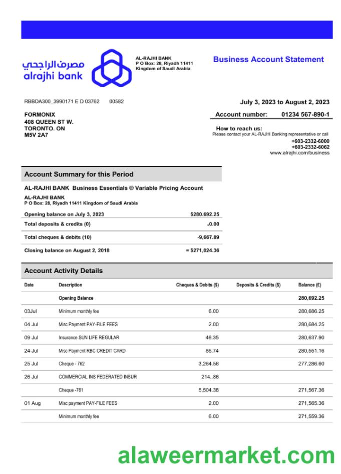 Al-Rajhi Bank  company account statement Word and PDF template